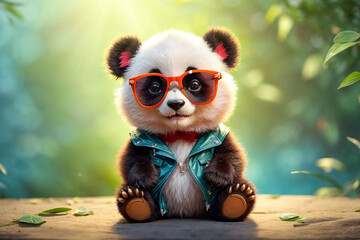 Funny panda in sunglasses on a background of bamboo - obrazy, fototapety, plakaty