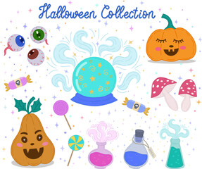 Fototapeta premium A set of vector characters and icons for Halloween in cartoon style. Traditional Halloween elements. A Halloween set with cute elements.