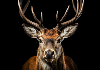 Realistic portrait of a deer isolated on dark background. AI generated