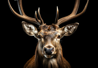 Realistic portrait of a deer isolated on dark background. AI generated