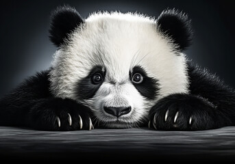 Fototapeta premium Realistic portrait of a panda isolated on dark background. AI generated