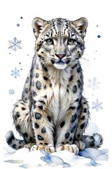 A snow leopard on a white background painted in watercolor