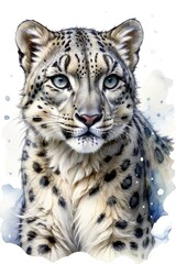 A snow leopard on a white background painted in watercolor