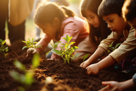 Group Of Children Planting Plants, Working In Community Garden