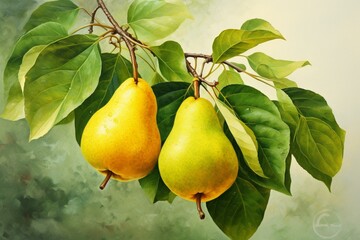 Pears in yellow and green with leaves on light yellow. Generative AI