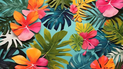 A Vibrant And Inviting Background Design That Captures The Essence Of A Tropical Paradise, Infused With Bright And Colorful Tones And Adorned With Exotic Painted Palm Leaves AI Generative