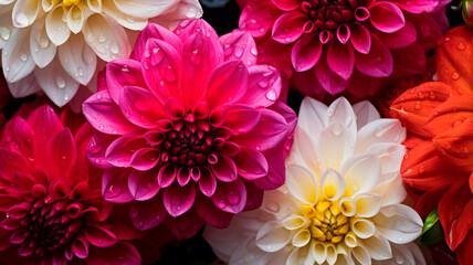 Obraz premium colorful dahlia flowers close up on black background with copy space