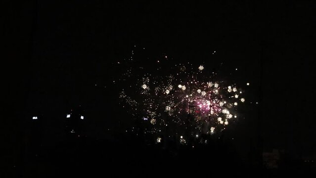 Fireworks. Colorful celebration fireworks isolated on a black sky background. From below, shot of wonderful and vivid fireworks exploding. Burst.