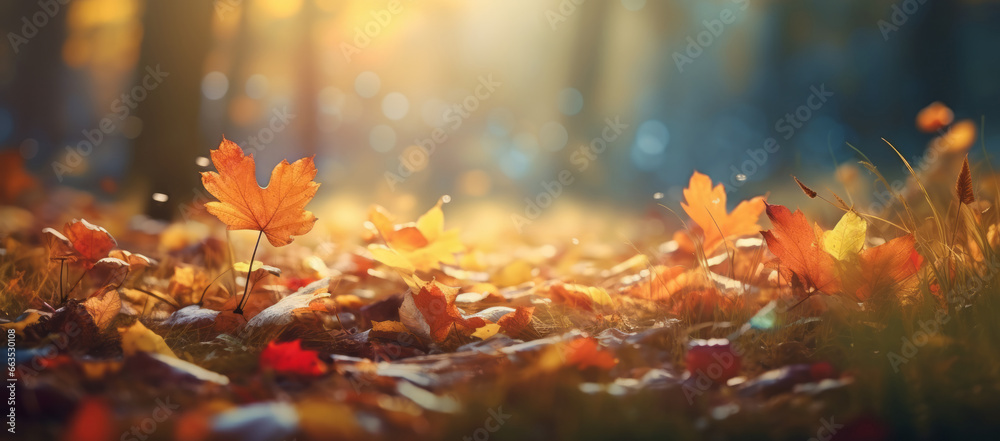 Wall mural Fall season landscape, forest floor covered with fallen leaves and autumnal sun through tree foliage - Autumn seasonal background