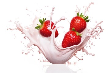 A dynamic shot capturing ripe red strawberries as they interact with a creamy milk splash, creating a stunning visual of nature's sweetness and dairy delight. 