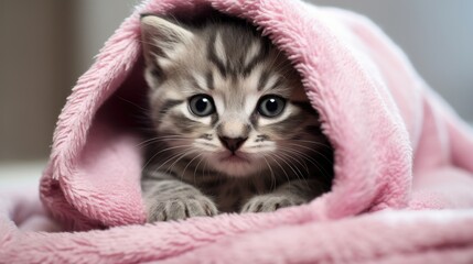 Joyful Wet Gray Tabby Cute Kitten Wrapped in a Pink Towel After Bath