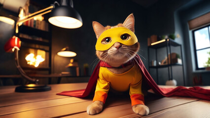 Cat in superhero costume at a desk, Realistic AI generated Illustration