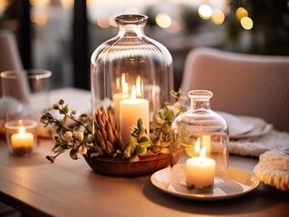 Obraz na płótnie Canvas Winter holiday season festive dining table decoration with candles and beautiful tableware, elegant table decor