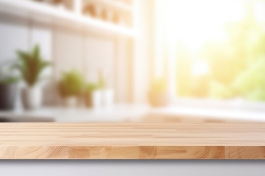Empty kitchen wood table and blur bokeh background
