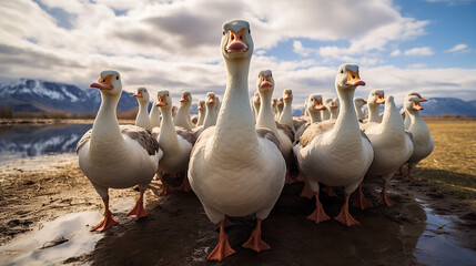 a group of geese in nature looking at the camera created with Generative Ai