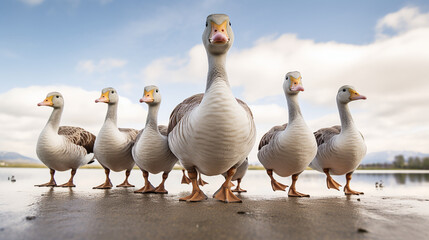 a group of geese in nature looking at the camera created with Generative Ai