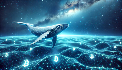 Cybernetic mega whale in bitcoin cosmos. Ocean and waves of cryptocurrency interconnectedness with vast digital impulses. Generative AI.