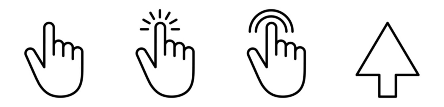 Mouse cursor icon. Click icon. Computer cursor icon symbol. Hand-clicking icon in flat style. Hand clicking line icons set. Vector stock illustration.