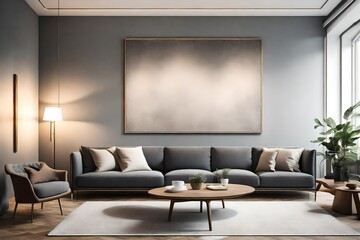A Canvas Frame for a mockup elegantly positioned over a minimalist slate gray sofa in a modern living room.