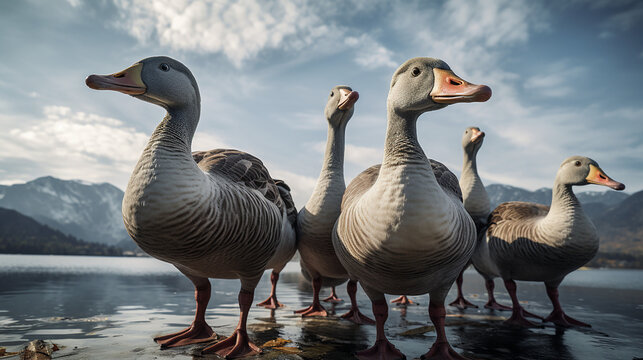 a group of geese in nature looking at the camera created with Generative Ai