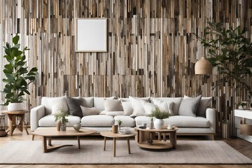 A Canvas Frame for a mockup, set against a striking accent wall of vertical wooden slats in a modern living room. - obrazy, fototapety, plakaty
