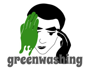 Greenwashing concept, idea showing falsehood of environmental measures, man covers himself with green hand symbolism