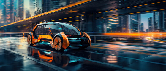Innovative futuristic transport, high-tech smart self-driving electric vehicle, sustainable green travel, connected smart city concept - obrazy, fototapety, plakaty