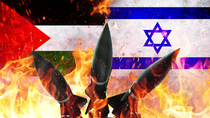 Three missiles weapons rockets with fire, concept. War in Israel and Palestine. Armed conflict....
