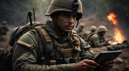 a soldier controlling the battle situation on his tablet. Representation of modern combined warfare. Generative AI.