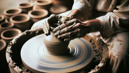 The artist works carefully on the spinning wheel with his hands covered in mud.