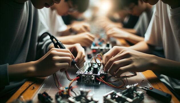 Students meticulously assemble robotic parts.