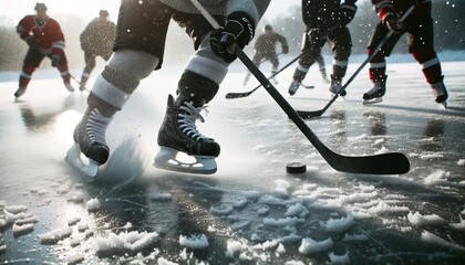 Photograph showcasing hockey players in the midst of a fast-paced game on a natural ice pond. - Powered by Adobe