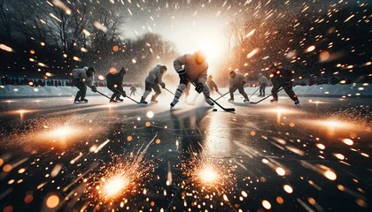Foto op Aluminium Photograph showcasing hockey players in the midst of a fast-paced game on a natural ice pond. © OKAN