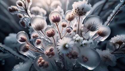 The beauty of delicate flowers and plants covered in a clear layer of ice. - obrazy, fototapety, plakaty
