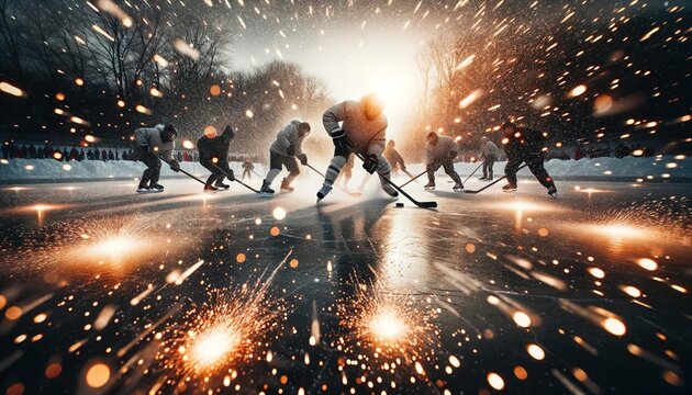 Photograph showcasing hockey players in the midst of a fast-paced game on a natural ice pond.