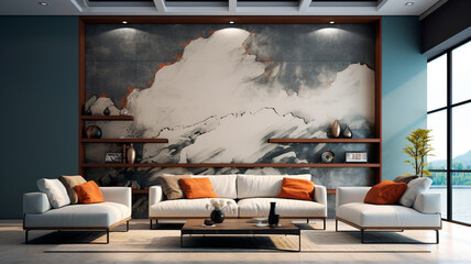 modern living room with wooden table, sofa and fireplace