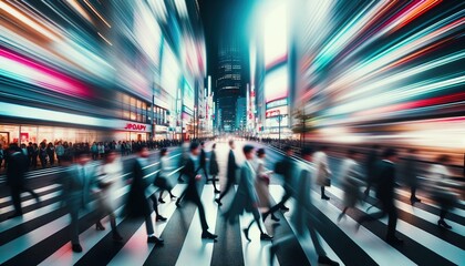 A cityscape where the streets are alive with rushing pedestrians, creating a feeling of motion blur.