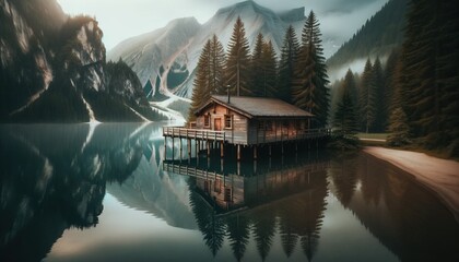 Fototapeta premium Rustic wooden cabin located on the edge of a tranquil lake.