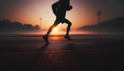 A young athlete preparing for a run on a sunrise background.