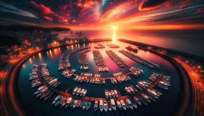A picturesque coastal setting with boats moored in the harbor on a sunset background.