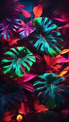 Neon Tropical Leaves Background Palm Leaves Background Leaf Background Tropical Wallpaper Forest Background AI Generative