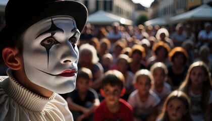 A pantomime in the middle of a fascinating performance in a crowded town square. - obrazy, fototapety, plakaty