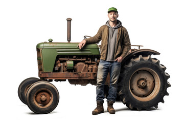 isolated farmer standing in front of green tractor on transparent background - obrazy, fototapety, plakaty