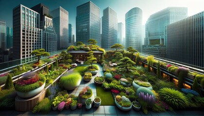 A roof garden in a vibrant city, where nature and modernization contrast. - obrazy, fototapety, plakaty