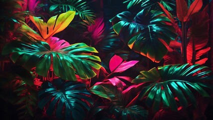 Neon Tropical Leaves Background Palm Leaves Background Leaf Background Tropical Wallpaper Forest Background AI Generative