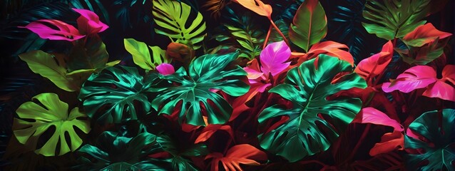 Neon Tropical Leaves Background Palm Leaves Background Leaf Background Tropical Wallpaper Forest Background AI Generative