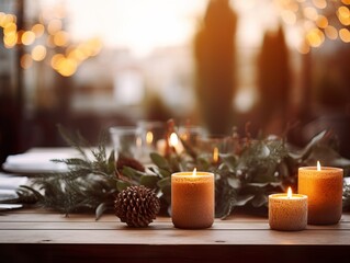 Winter holiday season festive dining table decoration with candles and beautiful tableware, elegant table decor