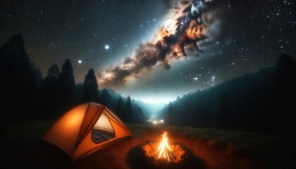 A tent set up with the glow of a campfire under the endless Milky Way.