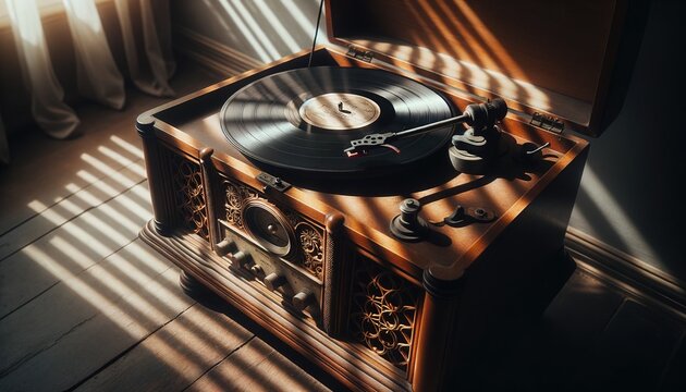 An old record player spinning a vintage vinyl in soft light.