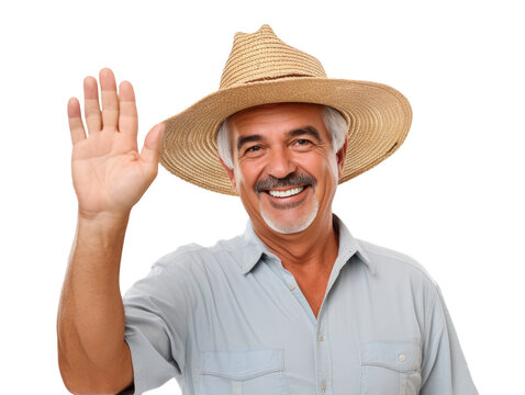 isolated man farmer shows high five gesture on transparent white background